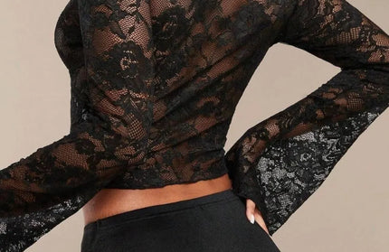 Sexy Transparent Lace Flared Long Sleeved Shirt