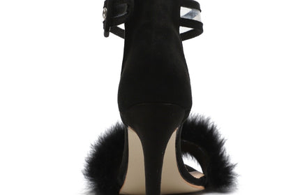 Women Pumps Snake Black High Thin Heels Ankle Strap Platform Faux Fluffy Rabbit Fur Woman Sandal Party Wedding Lady Shoes