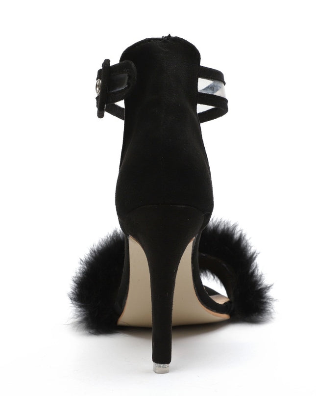 Women Pumps Snake Black High Thin Heels Ankle Strap Platform Faux Fluffy Rabbit Fur Woman Sandal Party Wedding Lady Shoes