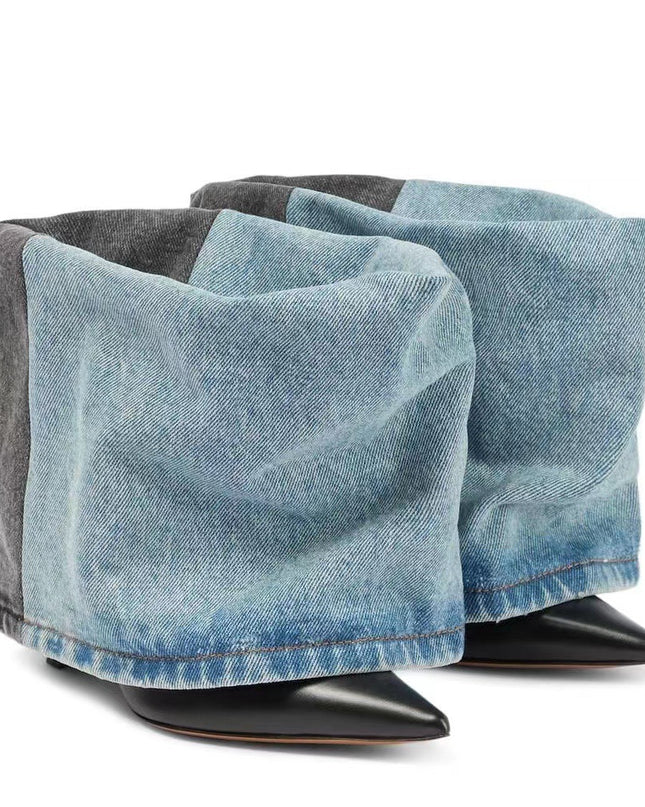 Women's denim color block pointed toe high heel short boots sexy trouser boots