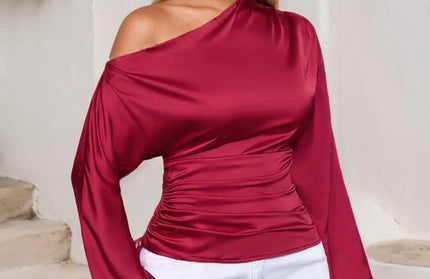 Drawstring One Shoulder Long Sleeve Blouse