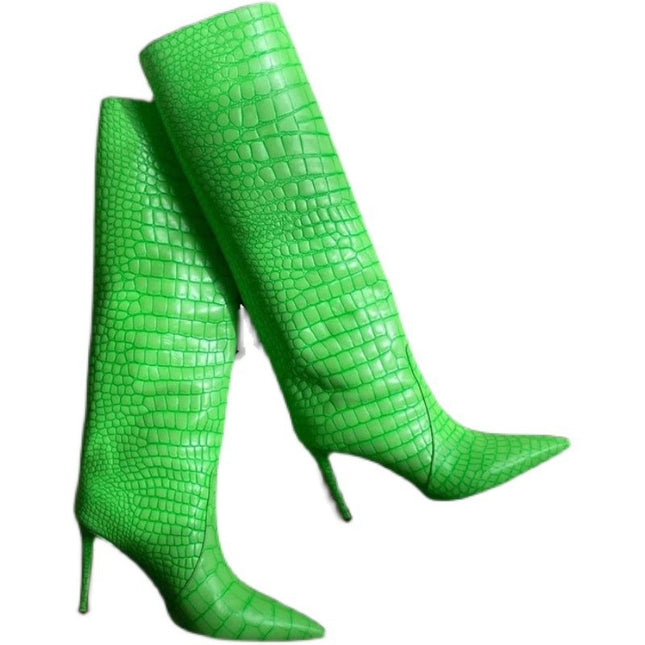 Pointed Toe Crocodile Pattern Knee Thigh Boots