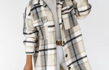 Spring And Autumn New Women's Plaid Brushed Medium Long Woolen Coat - Hey Love Boutique