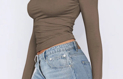 Ruched Asymmetrical Neck Long Sleeve T-Shirt