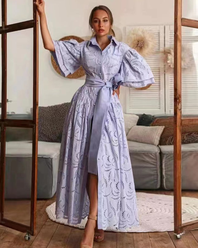 Lotus Leaf Single-Breasted Long Dress