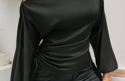 Drawstring One Shoulder Long Sleeve Blouse