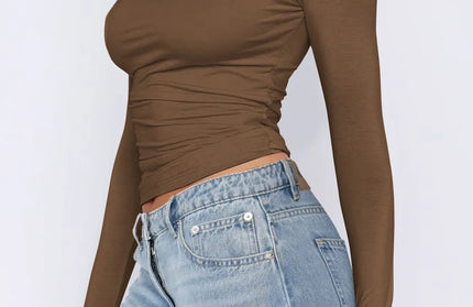 Ruched Asymmetrical Neck Long Sleeve T-Shirt