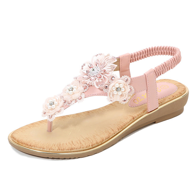Shoes Women Sandals Women's Clip-On Elastic Strap Open Toe Sandals Flower Trim Flat Sandals