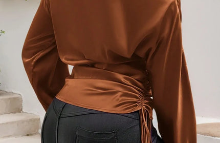 Drawstring One Shoulder Long Sleeve Blouse