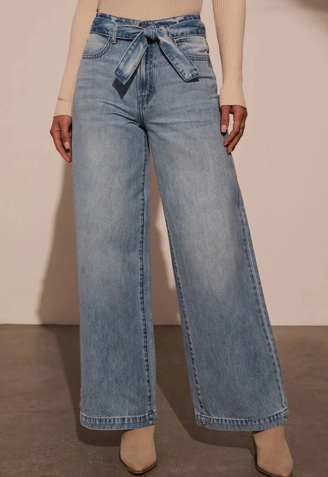 Tied Wide Leg Jeans with Pockets