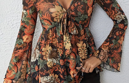 Printed V-Neck Flare Sleeve Blouse