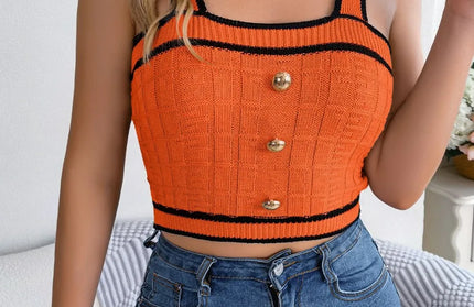 Decorative Button Wide Strap Knit Crop Top