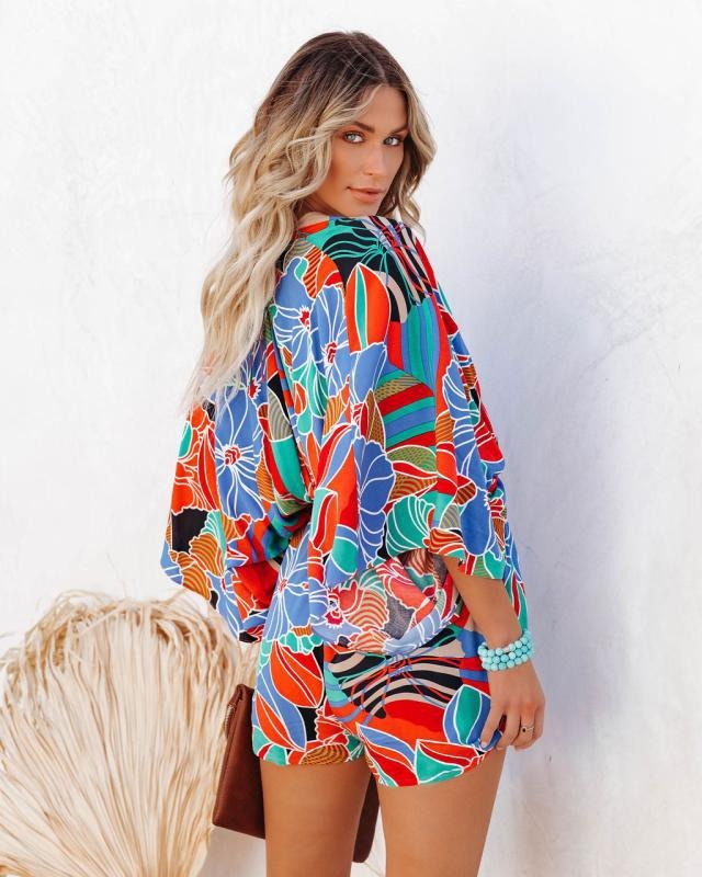 Printed Waistband Short Sleeved Jumpsuit