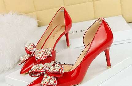 Pointed side hollow pearl rhinestone bow women's shoes with super high heels