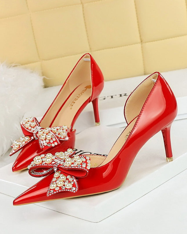 Pointed side hollow pearl rhinestone bow women's shoes with super high heels