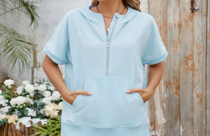 Half Zip Short Sleeve Hooded Top