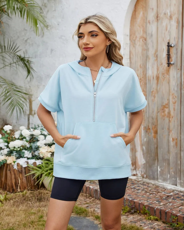 Half Zip Short Sleeve Hooded Top
