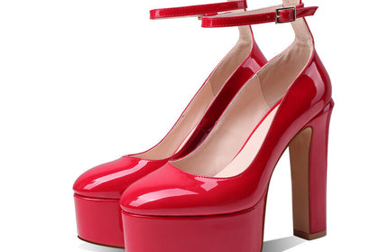 Summer New Round Head Thick Heels Super High Heels Shallow Mouth Ankle Straps Catwalk Large Size Single Shoes Women