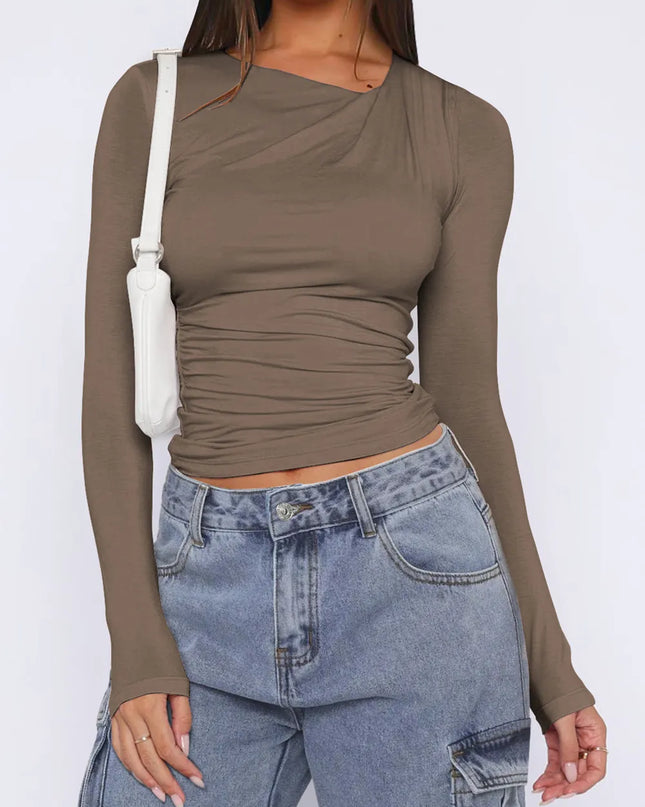 Ruched Asymmetrical Neck Long Sleeve T-Shirt