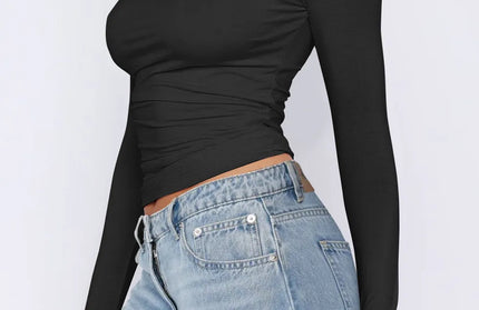 Ruched Asymmetrical Neck Long Sleeve T-Shirt