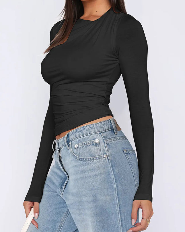 Ruched Asymmetrical Neck Long Sleeve T-Shirt