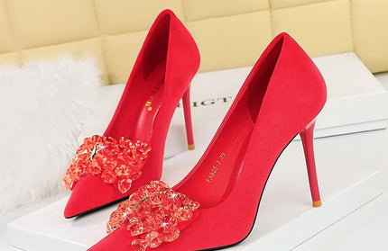 Suede Shallow Mouth Pointed Toe Rhinestone Bow Shoes