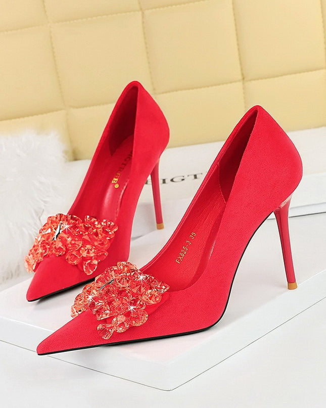 Suede Shallow Mouth Pointed Toe Rhinestone Bow Shoes