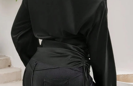 Drawstring One Shoulder Long Sleeve Blouse
