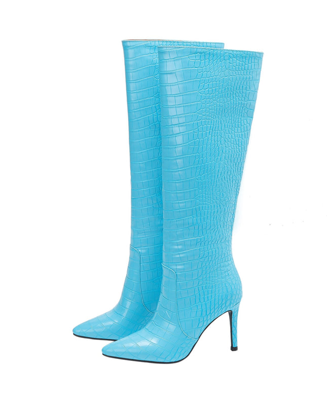 Pointed Toe Crocodile Pattern Knee Thigh Boots