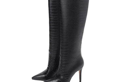 Pointed Toe Crocodile Pattern Knee Thigh Boots
