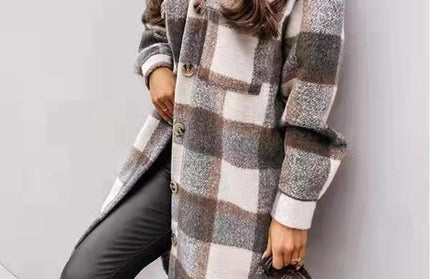 Spring And Autumn New Women's Plaid Brushed Medium Long Woolen Coat - Hey Love Boutique