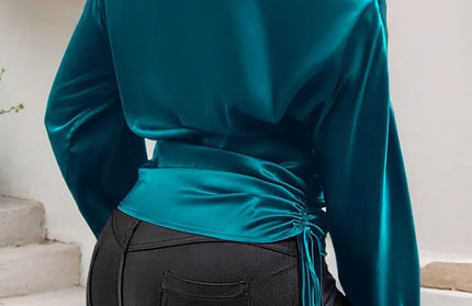 Drawstring One Shoulder Long Sleeve Blouse