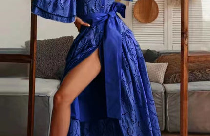 Lotus Leaf Single-Breasted Long Dress