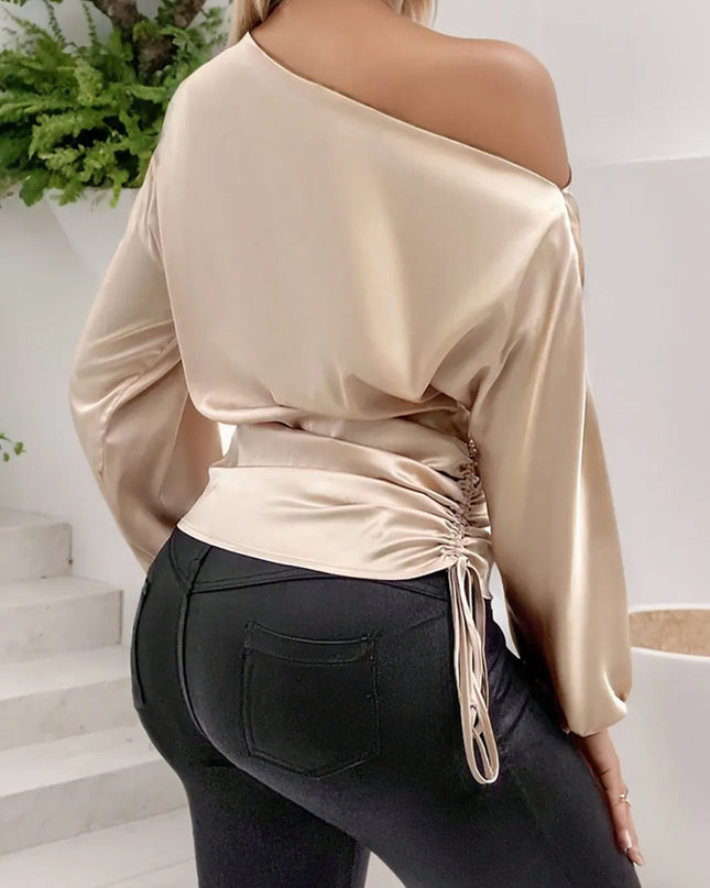 Drawstring One Shoulder Long Sleeve Blouse