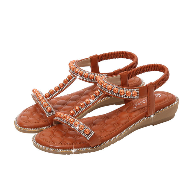Hand-String Pearl I-Shaped Flat Sandals