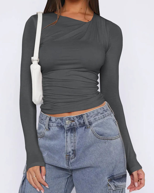 Ruched Asymmetrical Neck Long Sleeve T-Shirt
