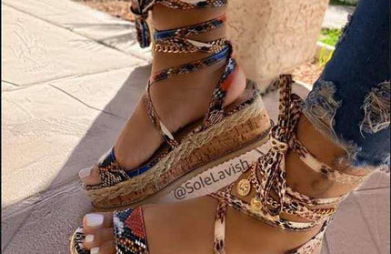 Sandals Women's New Thick Bottom Strappy Snake Print Sandals Large Size Shoes