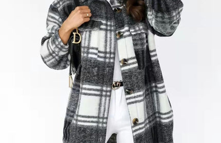 Spring And Autumn New Women's Plaid Brushed Medium Long Woolen Coat - Hey Love Boutique