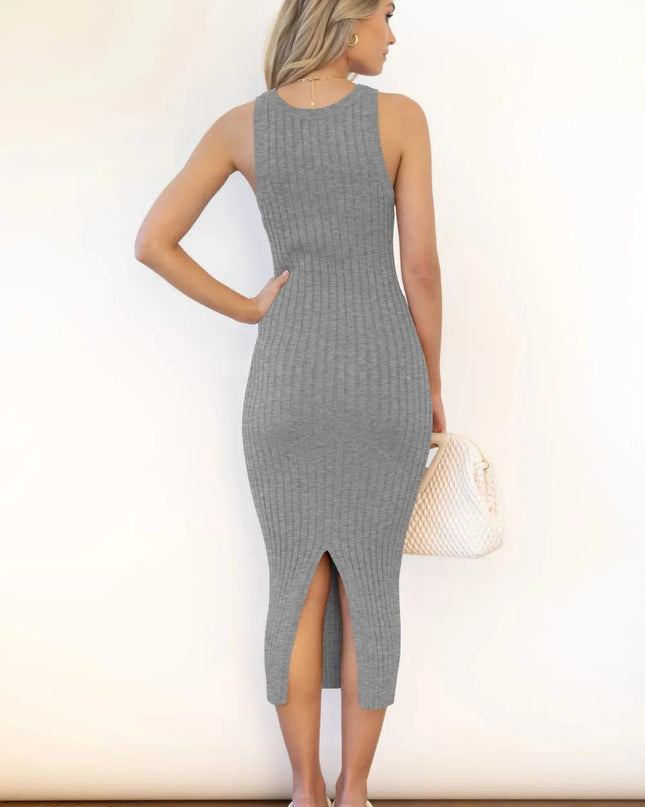 Slit Ribbed Round Neck Sleeveless Dress