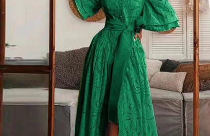 Lotus Leaf Single-Breasted Long Dress