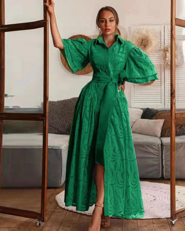 Lotus Leaf Single-Breasted Long Dress