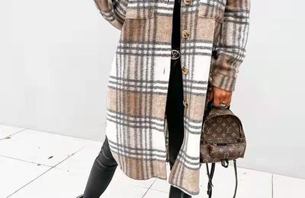 Spring And Autumn New Women's Plaid Brushed Medium Long Woolen Coat - Hey Love Boutique