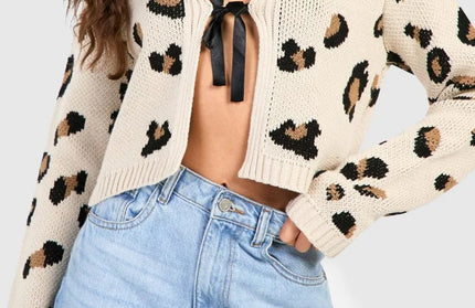 Tied Leopard Round Neck Cardigan