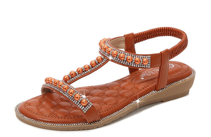 Hand-String Pearl I-Shaped Flat Sandals