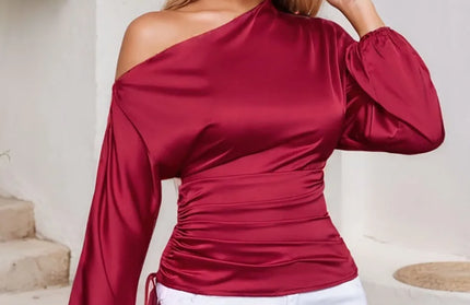 Drawstring One Shoulder Long Sleeve Blouse
