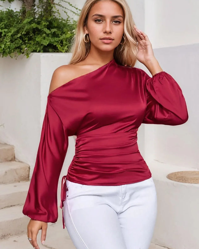 Drawstring One Shoulder Long Sleeve Blouse