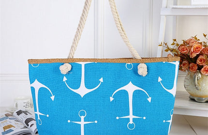 Straw Weave Printed Anchor Tote Bag