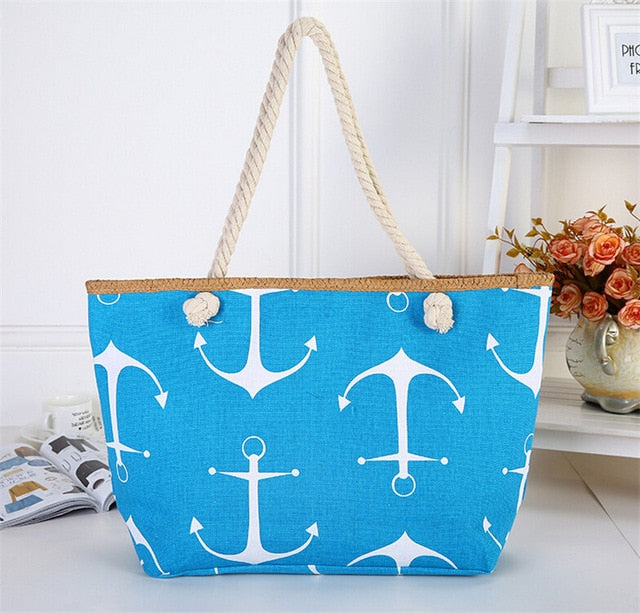 Straw Weave Printed Anchor Tote Bag