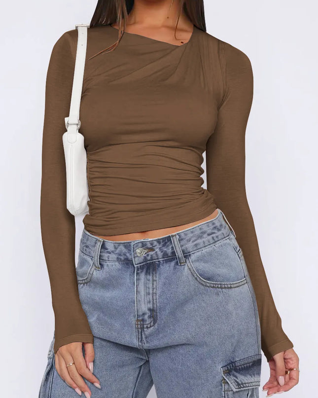 Ruched Asymmetrical Neck Long Sleeve T-Shirt