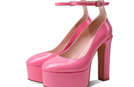 Summer New Round Head Thick Heels Super High Heels Shallow Mouth Ankle Straps Catwalk Large Size Single Shoes Women